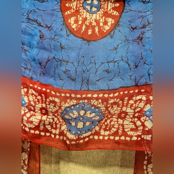 Vibrant Blue and Red 100% Silk Scarf. 68x22 Inches. Lightweight. Flowy. GUC. - Picture 6 of 7
